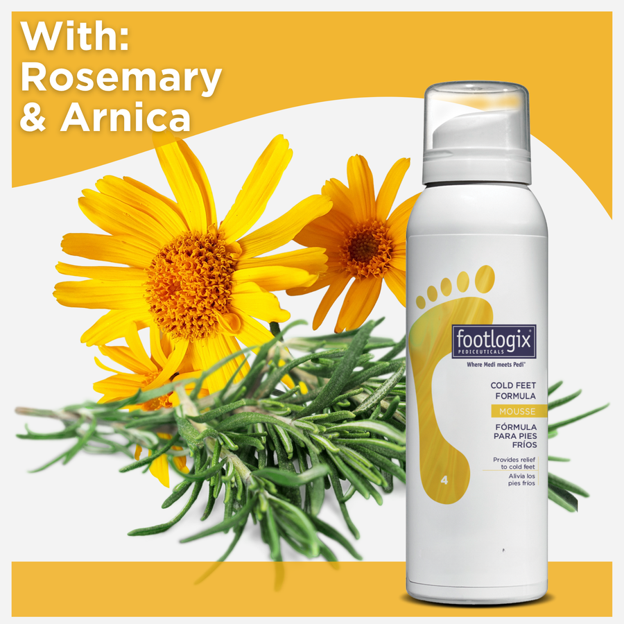 Footlogix cold foot formula spray with rosemary and Arnica on a yellow and white background