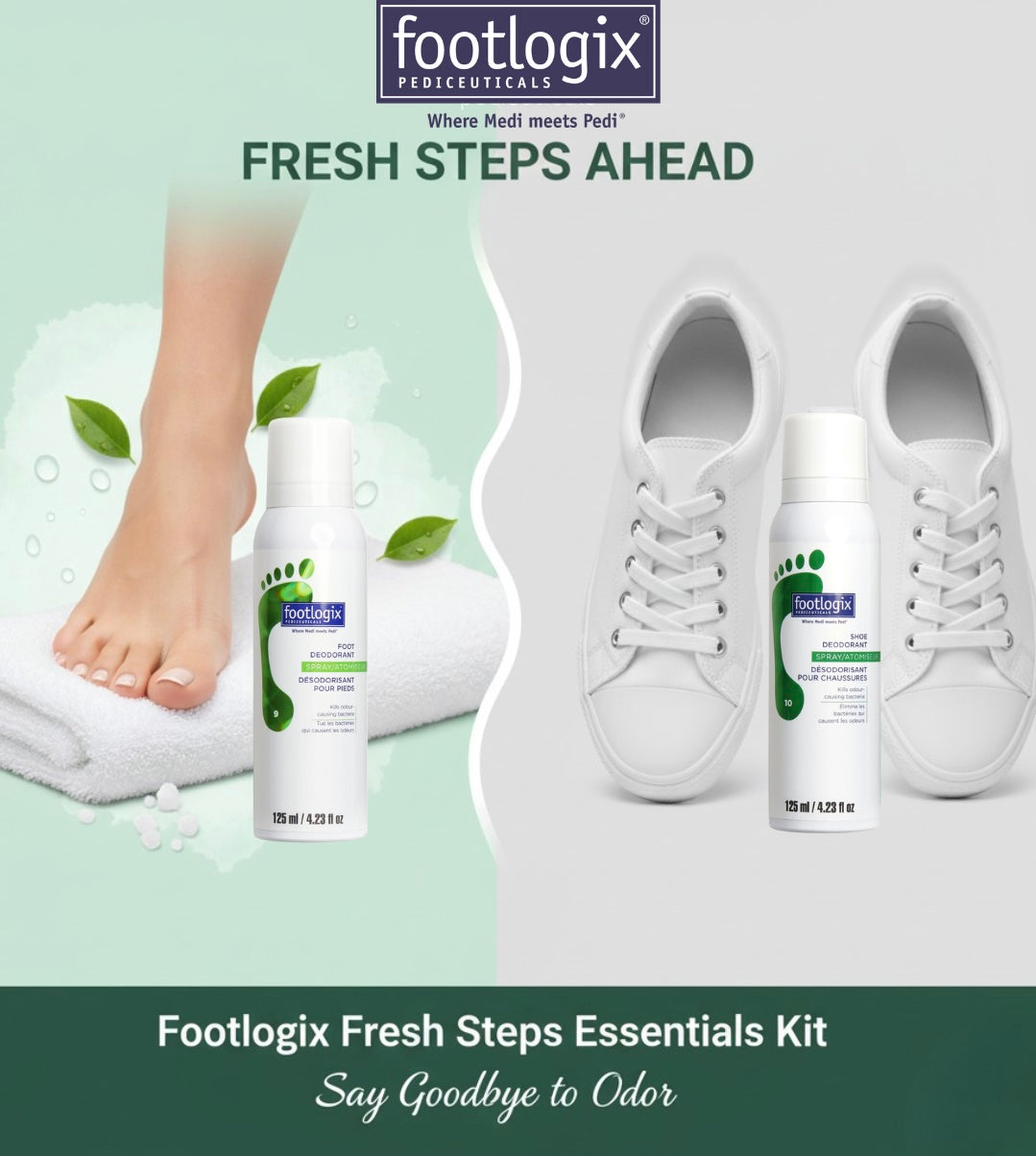 Footlogix Fresh Steps Essentials Kit with white sneakers and foot spray on a light green background