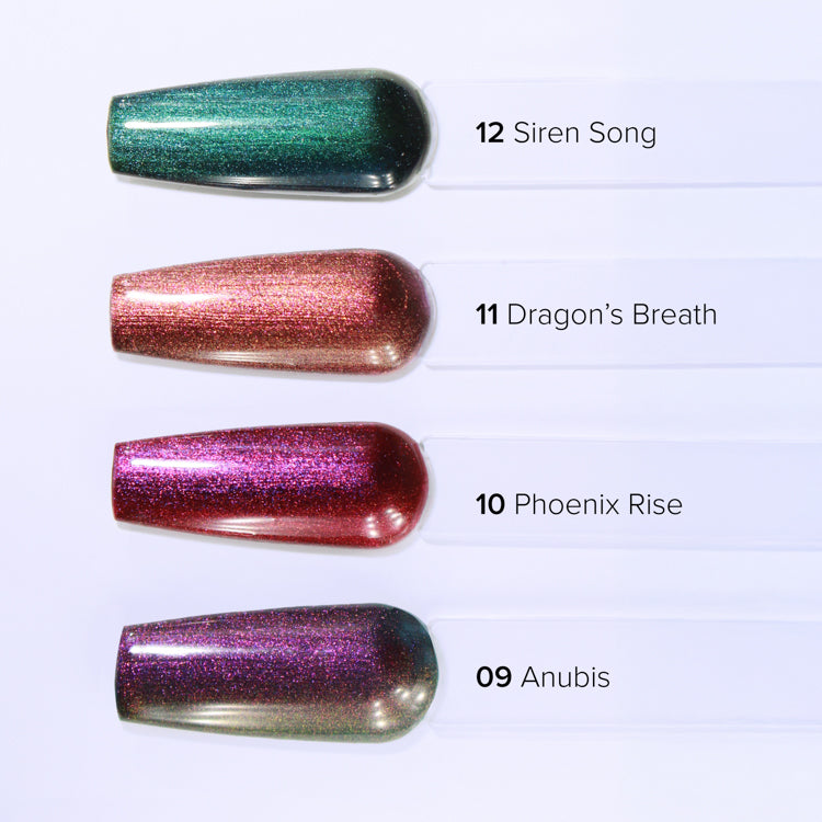 Four glittery nail polish colors labeled 'Siren Song', 'Dragon's Breath', 'Phoenix Rise', and 'Anubis' on a light gray background.