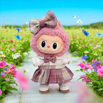 Doll Clothes fits Labu #054 Pink Plaid Skirt/Shirt/Bow