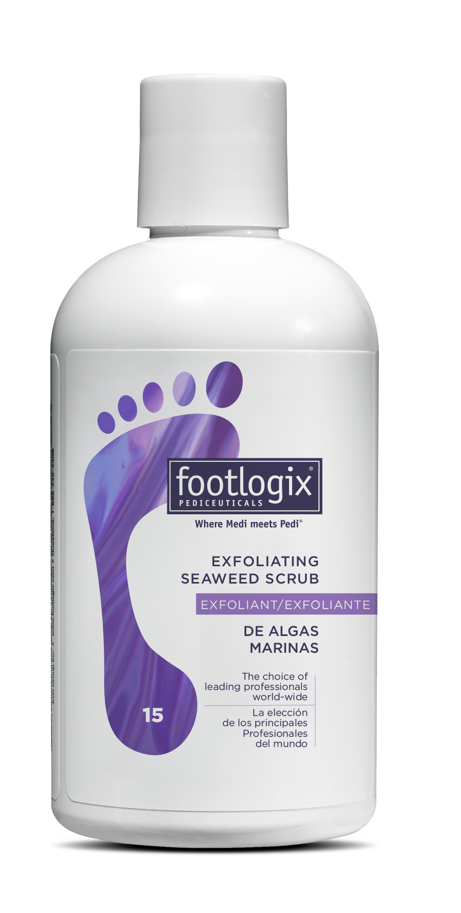 Footlogix exfoliating seaweed scrub bottle on a white background
