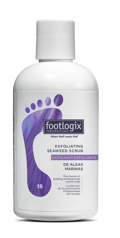 Footlogix exfoliating seaweed scrub bottle on a white background