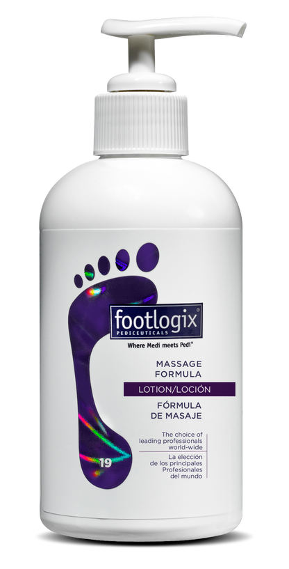 Footlogix massage formula lotion bottle on a white background