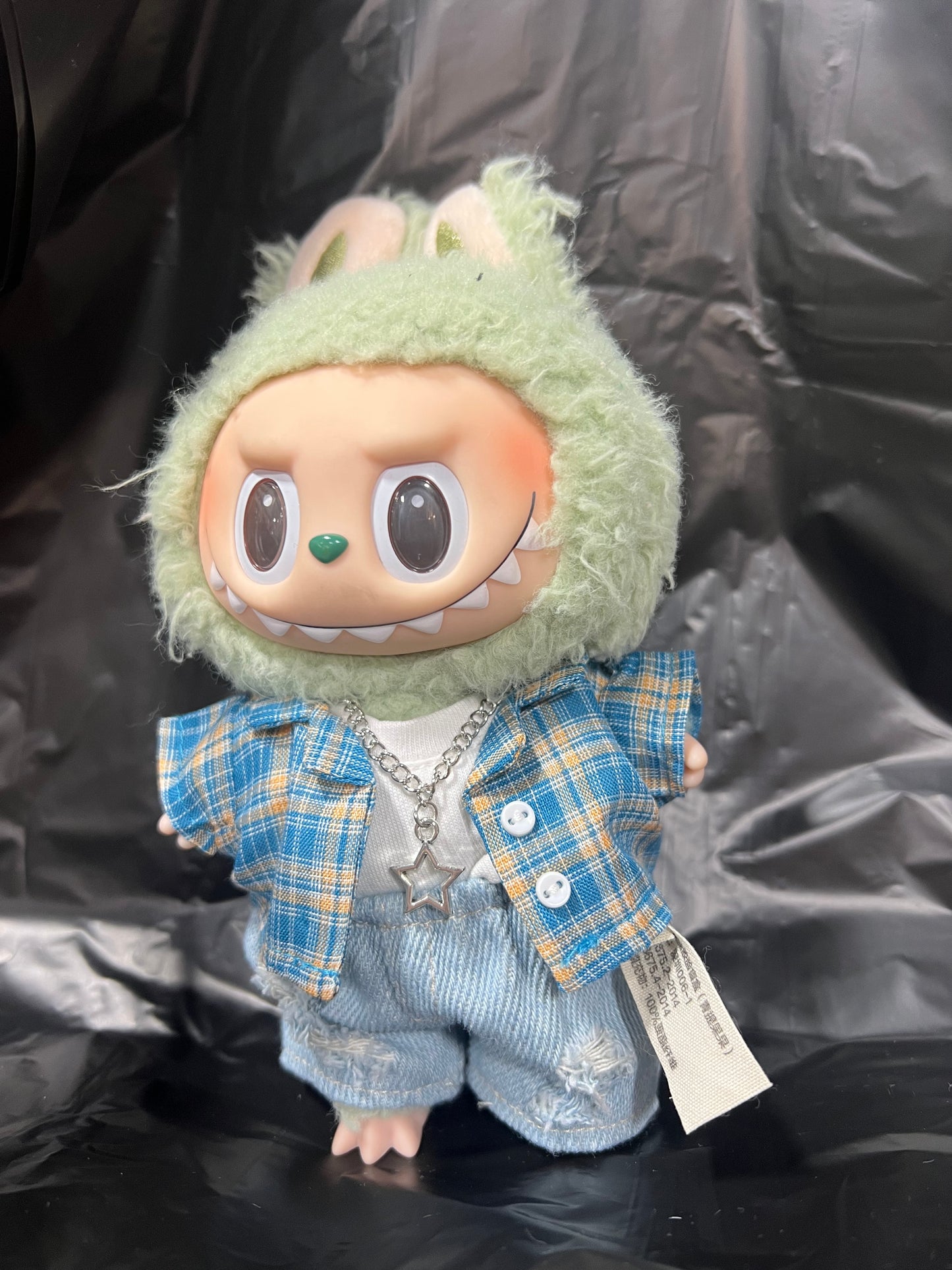 Doll Clothes fits Labu  #088 Plaid and white shirt with Ripped Jeans and Necklace