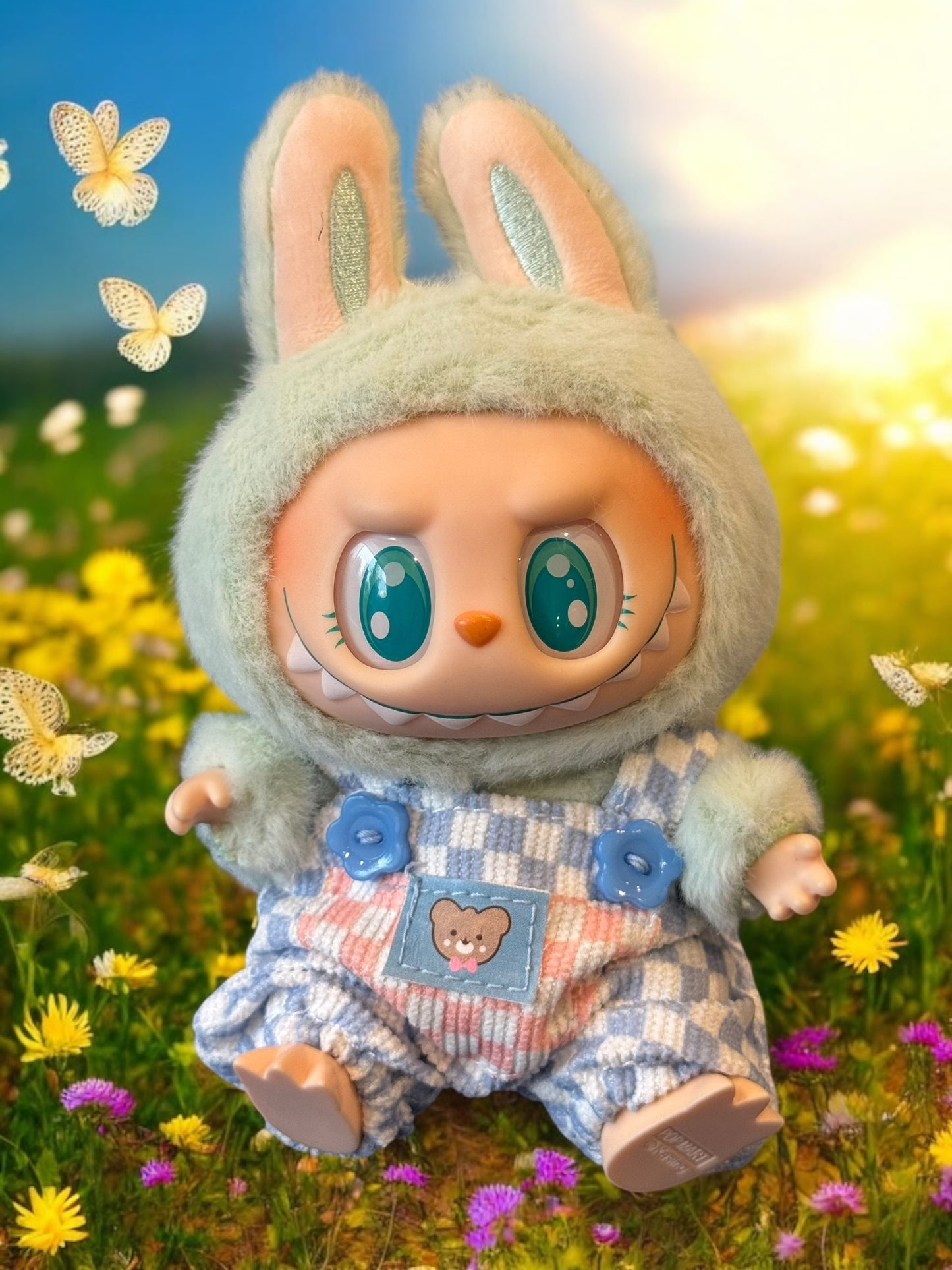 Doll Clothes fits Labu  #009 Blue Checkered Overalls