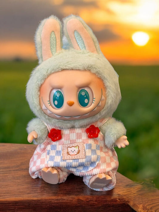 Doll Clothes fits Labu  #015 Pink Checkered Overalls