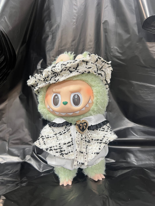 Doll Clothes fits Labu  #086 Tweed Shawl with Beret and White Pants