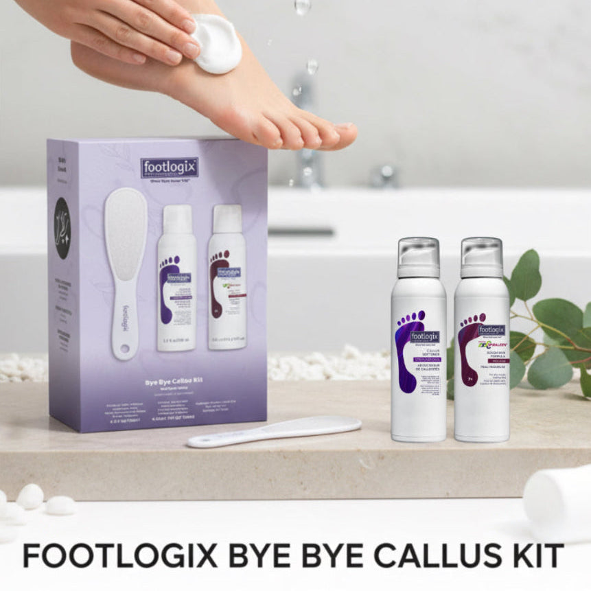 Footlogix Bye Bye Callus Kit with person applying cream to foot in a bathroom setting