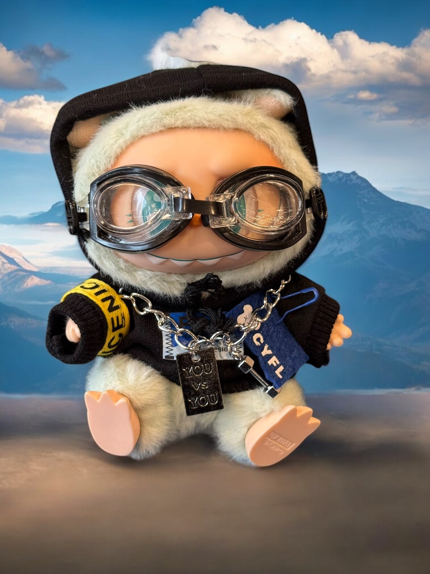 Doll Clothes fits Labu  #011 Black Hoodie with Goggles and Necklace