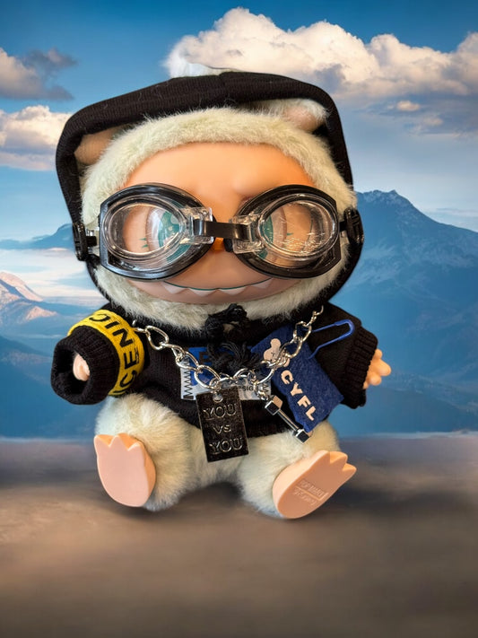 Doll Clothes fits Labu  #011 Black Hoodie with Goggles and Necklace