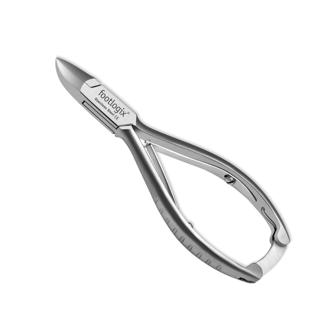 Metal nail clipper with 'Footlogix' branding on a white background