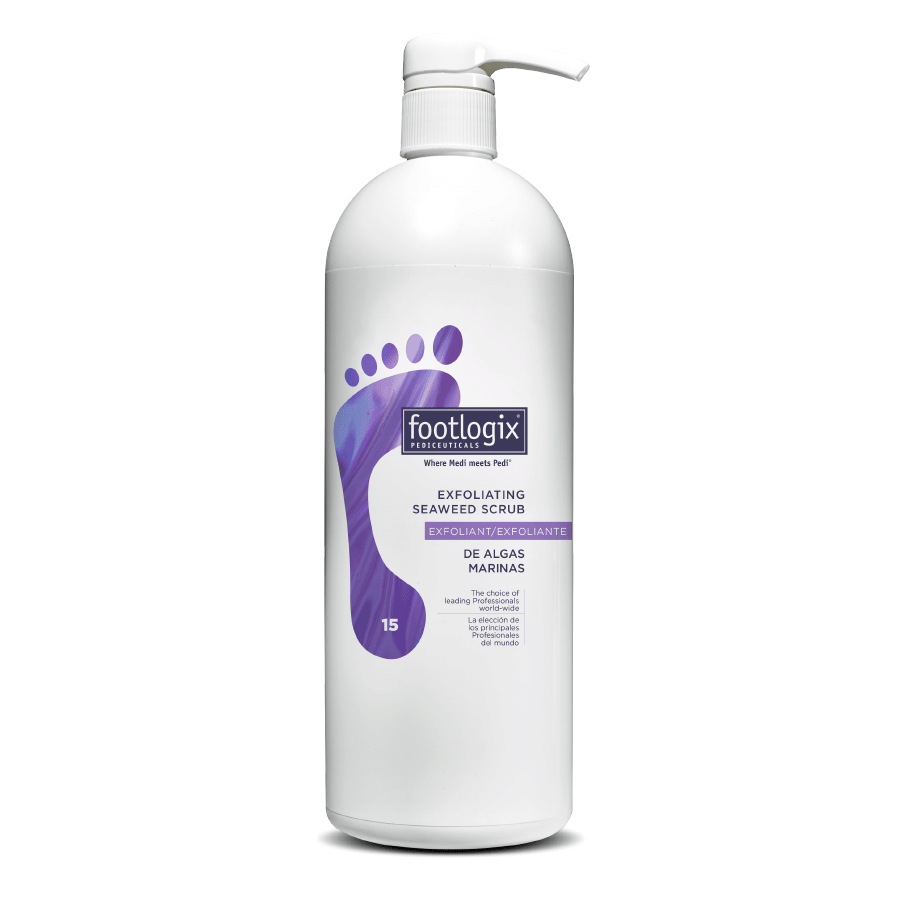 Footlogix exfoliating seaweed scrub bottle on a white background