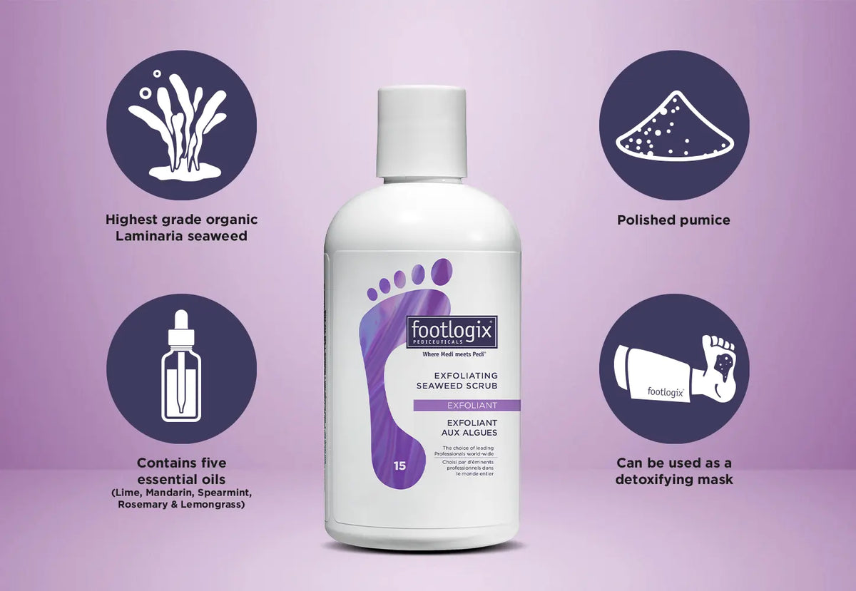 Footlogix exfoliating scrub bottle with product features on a purple background