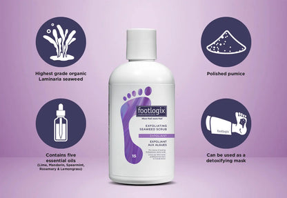 Footlogix exfoliating scrub bottle with product features on a purple background