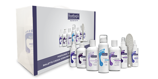 Footlogix skincare product set with bottles and a branded box on a white background