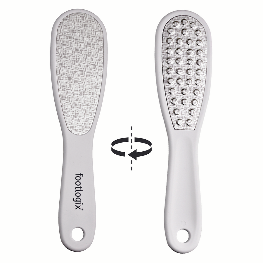 Two sides of a foot FILE with 'footlogix' branding on a white background