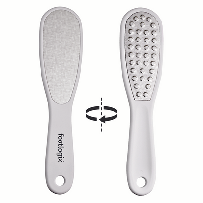 Two sides of a foot FILE with 'footlogix' branding on a white background