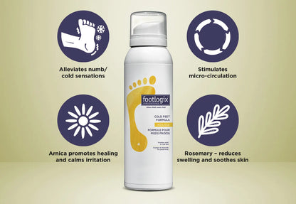 Footlogix cold feet formula spray with icons and text on a beige background
