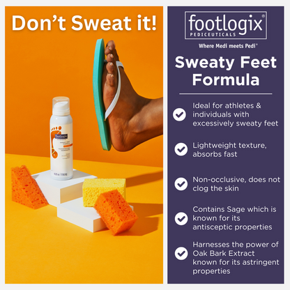 Footlogix pedicure product advertisement with a foot wearing a flip-flop, sponges, and a bottle on an orange background.