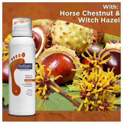 Footlogix product with horse chestnut and witch hazel ingredients on a brown background