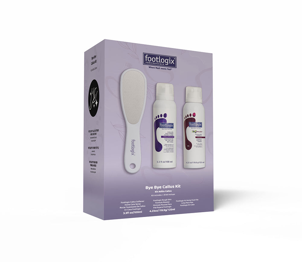 footlogix Bye Bye Calluses Kit packaging with a tool and bottles on a white background