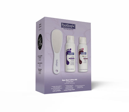 footlogix Bye Bye Calluses Kit packaging with a tool and bottles on a white background
