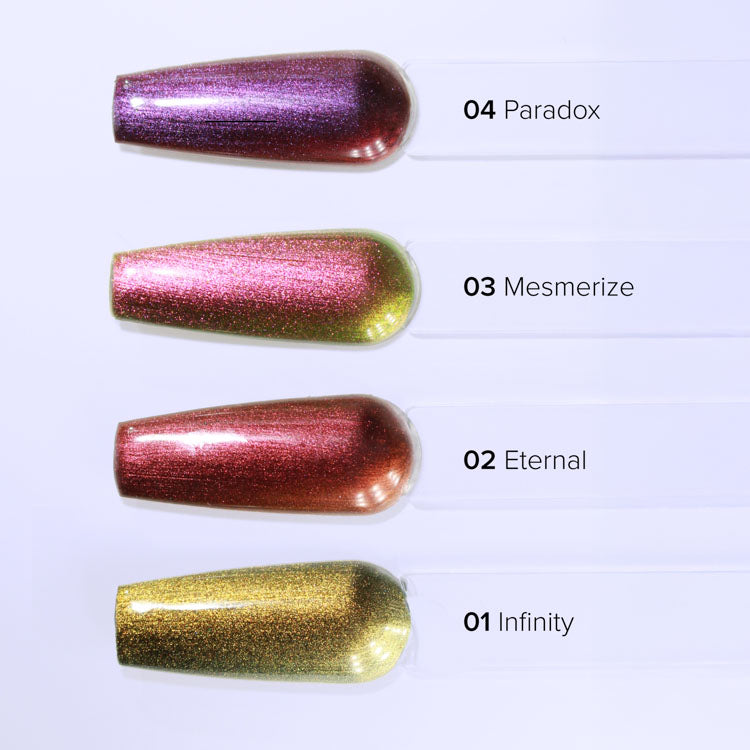 Four glittery nail polish colors labeled '01 Infinity', '02 Eternal', '03 Mesmerize', and '04 Paradox' on a white background.
