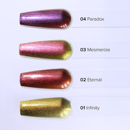Four glittery nail polish colors labeled '01 Infinity', '02 Eternal', '03 Mesmerize', and '04 Paradox' on a white background.