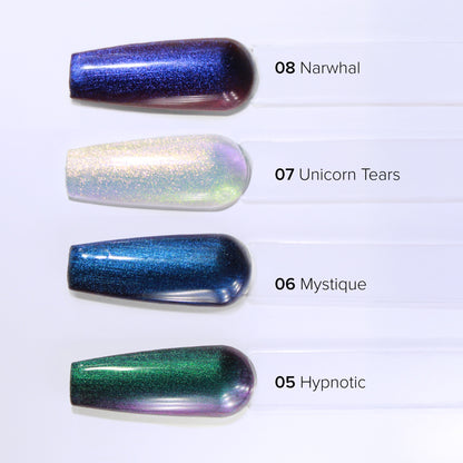 Four glittery nail polish colors labeled '05 HYPNOTIC', '06 MYSTIQUE', '07 UNICORN TEARS', and '08 NARWHAL' on a white background.