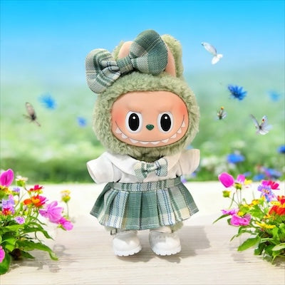 Doll Clothes fits Labu  #054 Green Plaid Skirt/Shirt/Bow